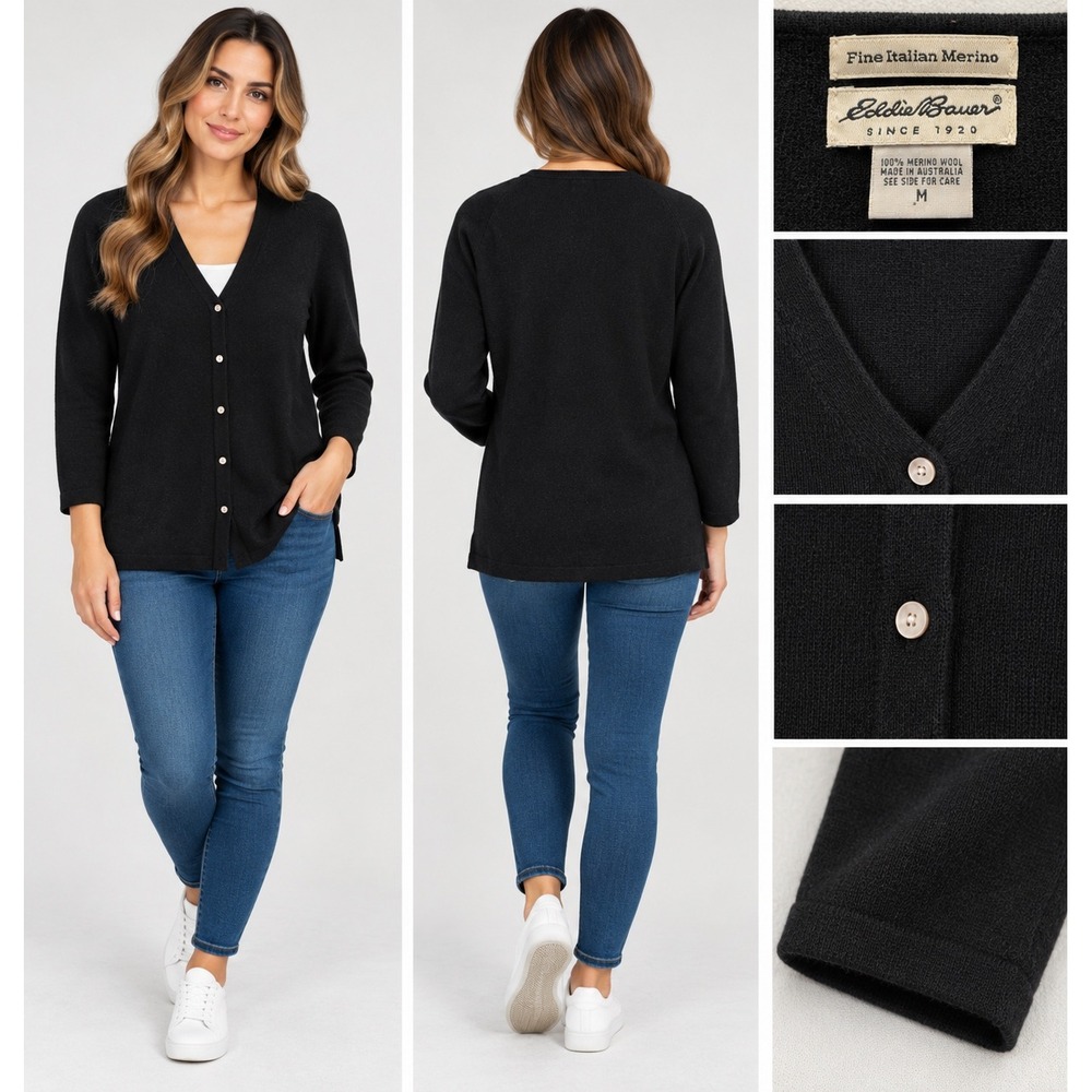 Eddie Bauer Cardigan Women M Black Quiet Luxury Minimalist Italian Merino Wool